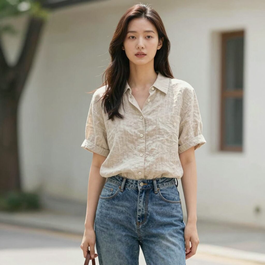 여름에 어울리는 여성 린넨 블라우스 코디 예시, 모델이 밝은 베이지색 린넨 블라우스를 입고 데님 팬츠를 매치한 모습