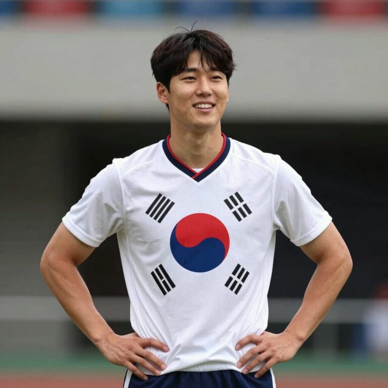 오현규 선수가 슈투트가르트 유니폼을 입고 포즈를 취하며 웃고 있는 모습