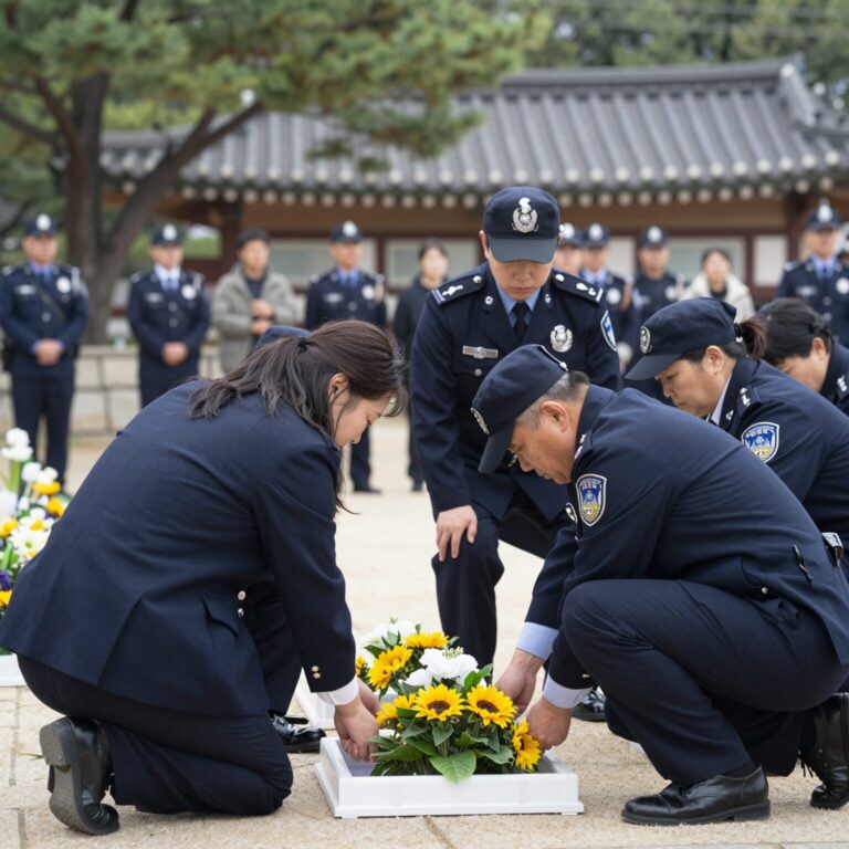 경찰기념공원에서 열린 전사 순직 경찰관 추념식 모습. 유가족들이 헌화하고 있다.