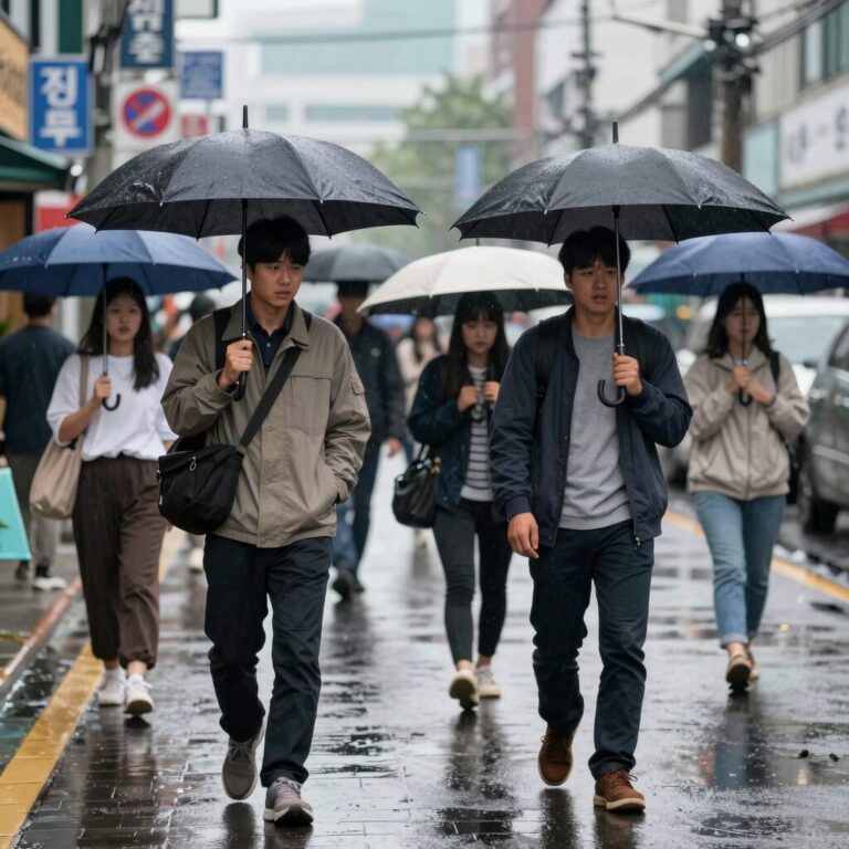 장마철 우산을 든 사람들, rainy season 영어 표현