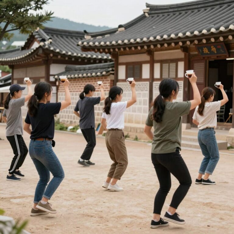 서울 북촌 한옥에서 열린 모닝 레이브 현장, 참가자들이 커피를 들고 춤추는 모습
